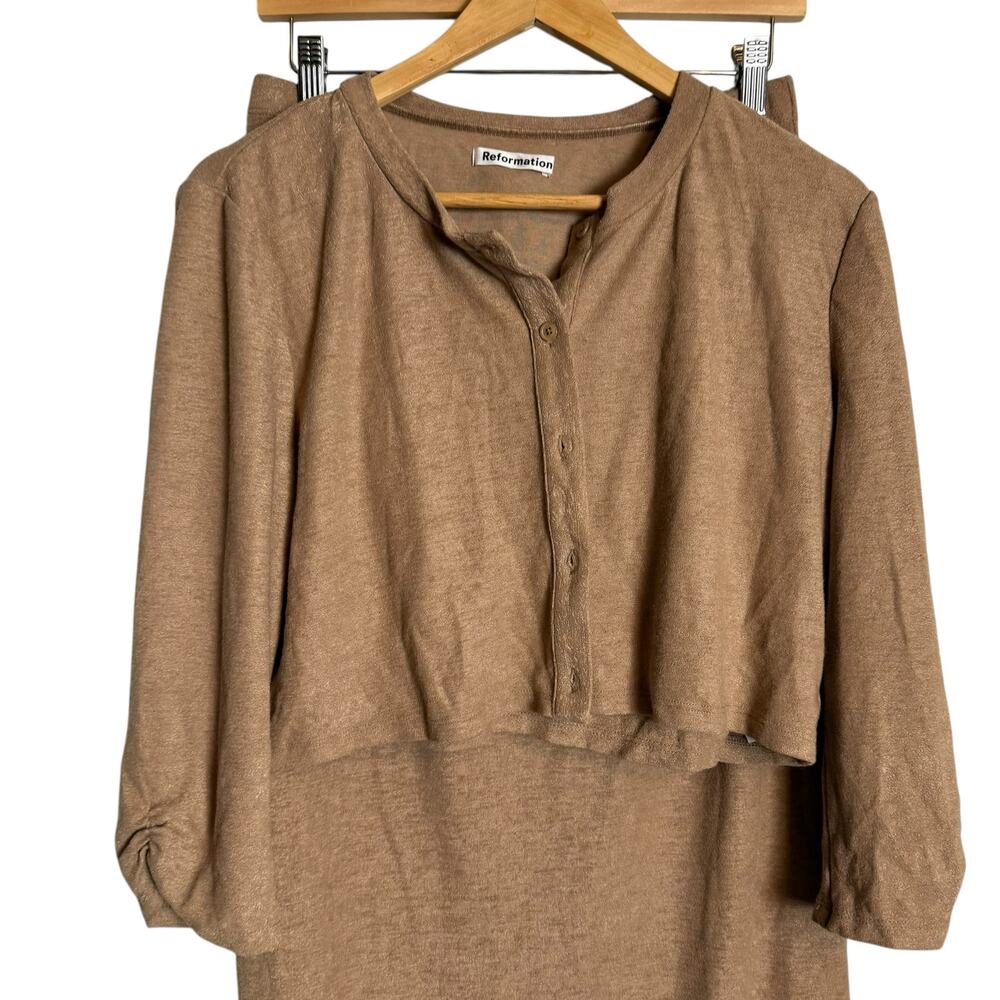 Reformation Janice Buff Beige 3 Piece Cardigan Sweater Midi Skirt Set Size XL - Picture 9 of 14